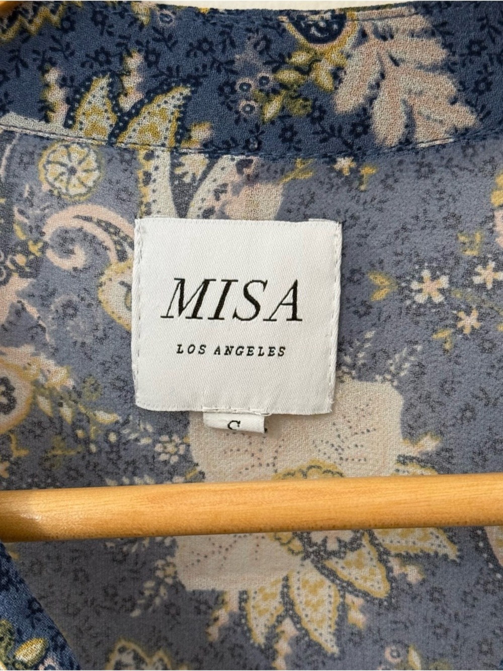 MISA Blue/Ivory Paisley Long Sleeve Ruffle Neck Tie Blouse S - Picture 4 of 8